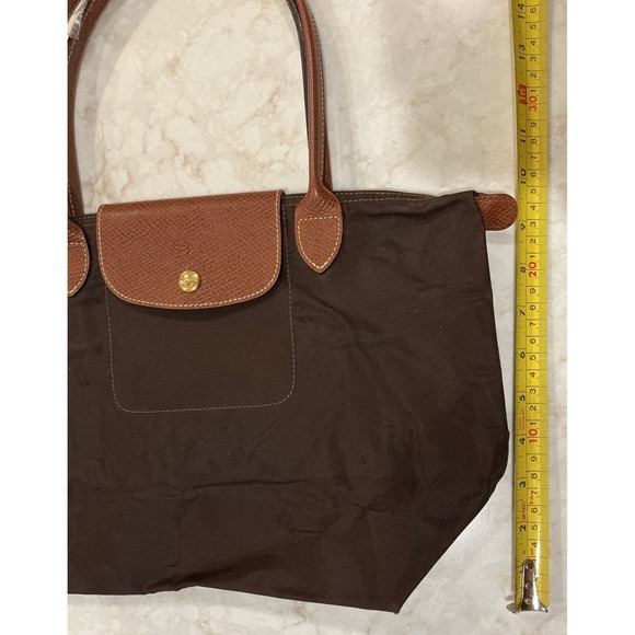 Longchamp Tote Bag Brown Leather Trim Logo Nylon Travel Shopping Shoulder - Picture 3 of 14